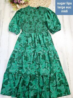 Sugarlips large green floral smocked midi dress